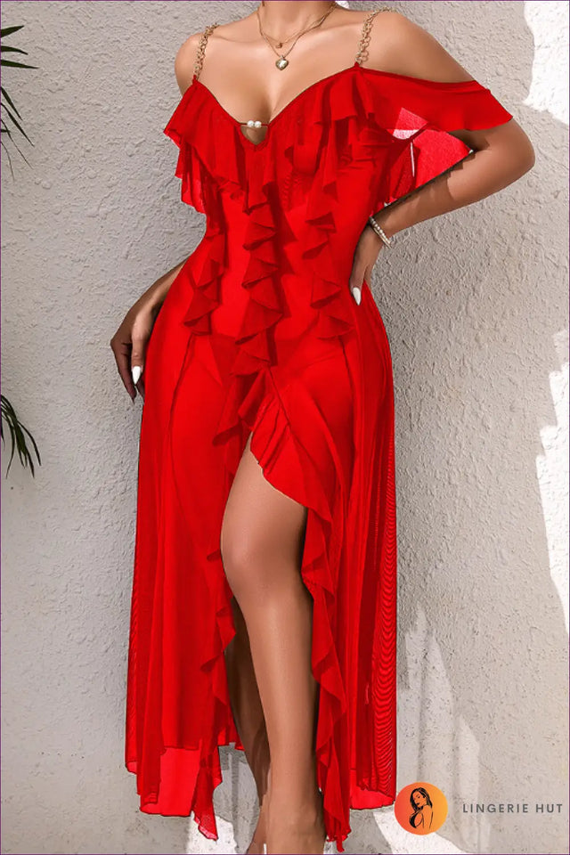 Ruffled Off-Shoulder Maxi Dress with High Slit - Summer Lounge Glam