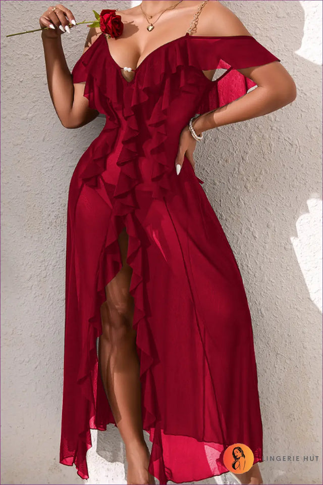 Ruffled Off-Shoulder Maxi Dress with High Slit - Summer Lounge Glam