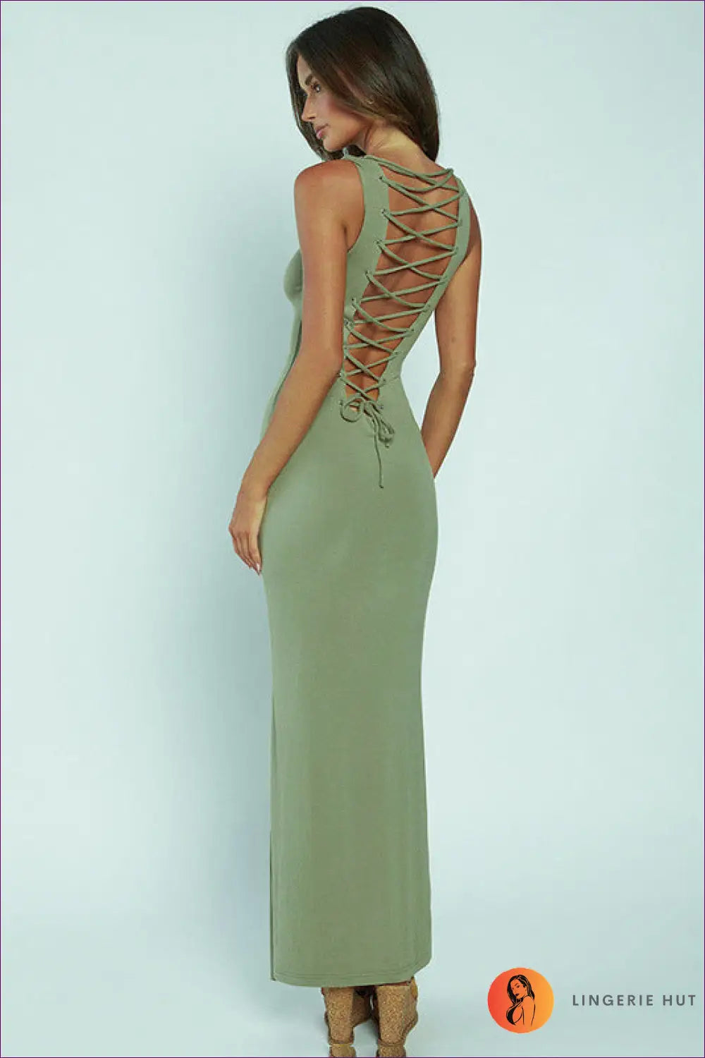 Sage Green Lace-up Plunge Maxi Dress - Daring Elegance for Bodycon, Dress, Glamour, Jersey,