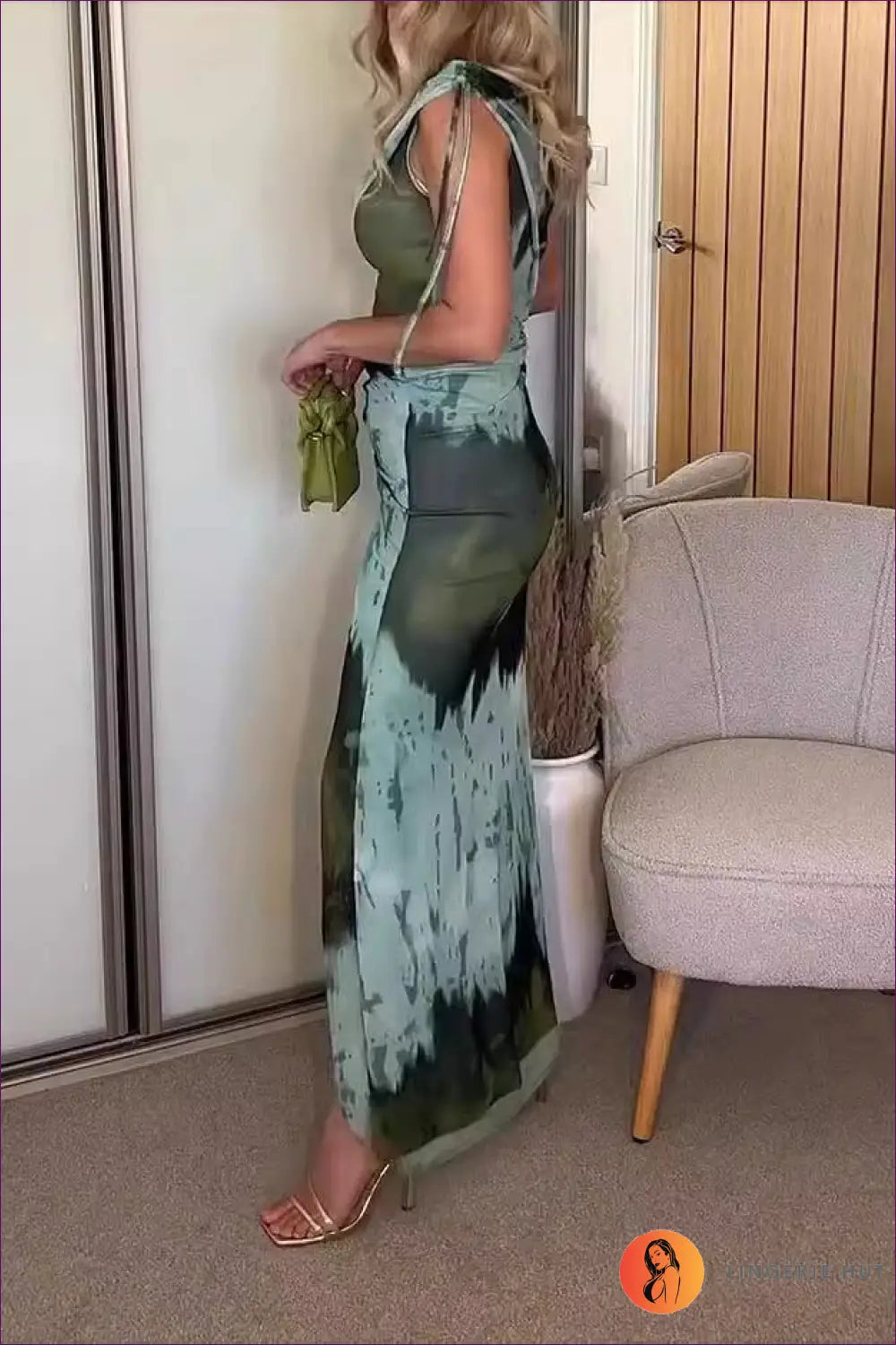 Sage Green One-shoulder Tie-dye Maxi Dress - Effortless Elegance for Date Night, Dress, Glamour, Maxi, Night