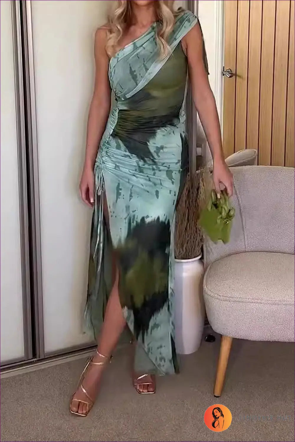 Sage Green One-shoulder Tie-dye Maxi Dress - Effortless Elegance for Date Night, Dress, Glamour, Maxi, Night