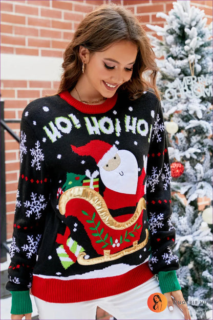 Step Into The Holiday Spirit With Lingerie Hut’s Santa Claus Embroidery Christmas Sweater. Loose Fit And Long