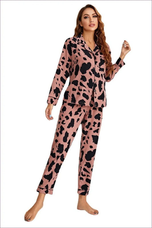 Elevate Your Night-time Style With Our Satin Animal Print Long Sleeve Pyjama Set. Soft Satin, Striking Animal