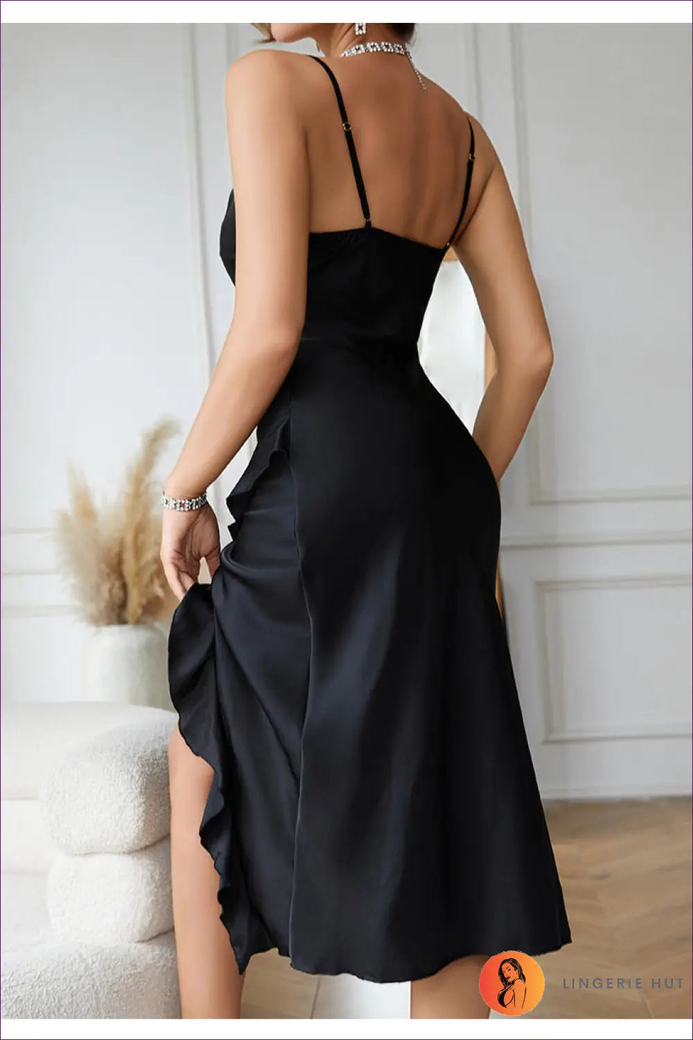 Satin Asymmetrical Midi Dress - Evening Glamour Sorted - s / Black - Dresses - Lingerie Hut - All Season • Cutout