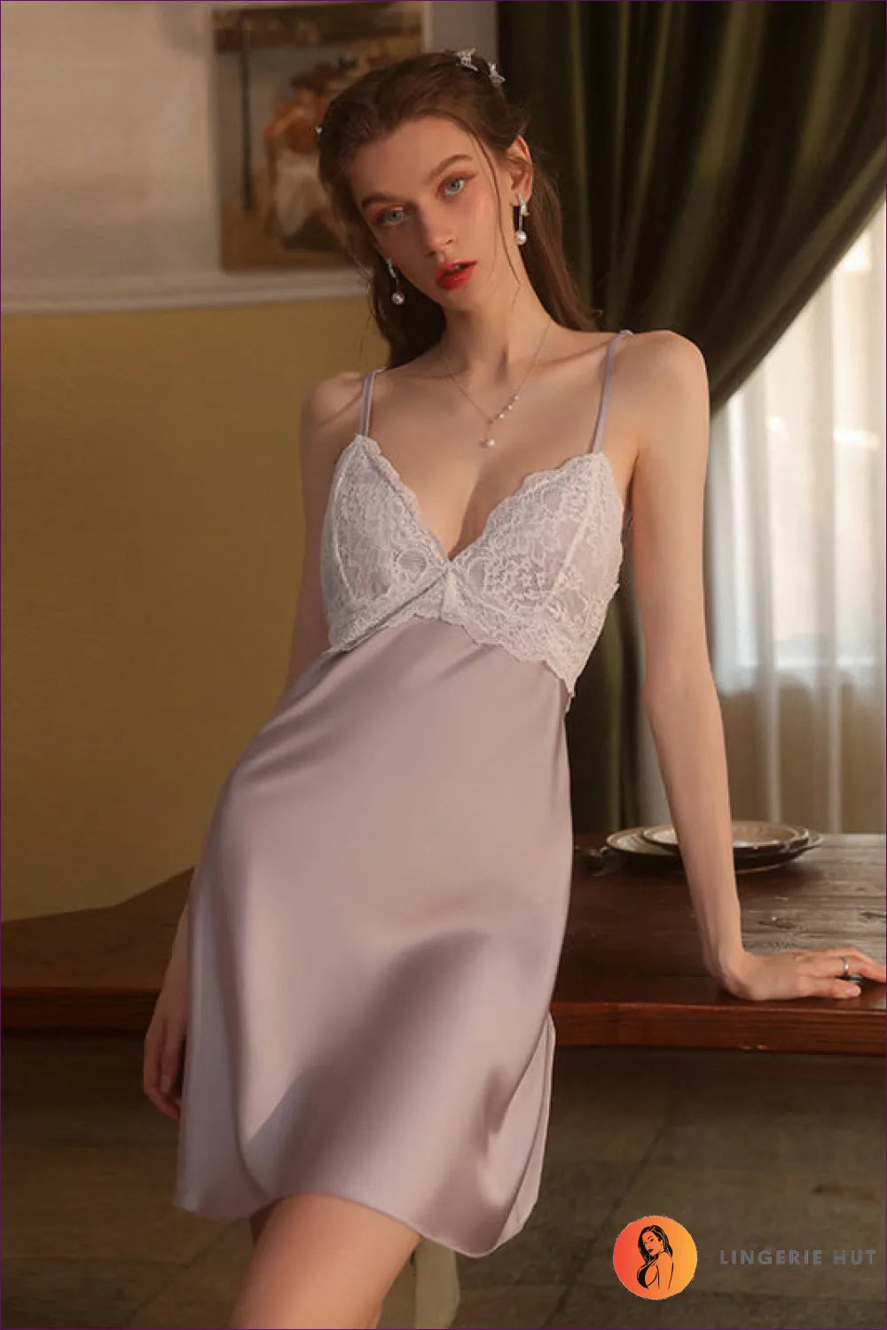 Elevate Your Look With Our Satin Backless Nightdress. Classic Satin Finish, V-neckline, Lace Trim,