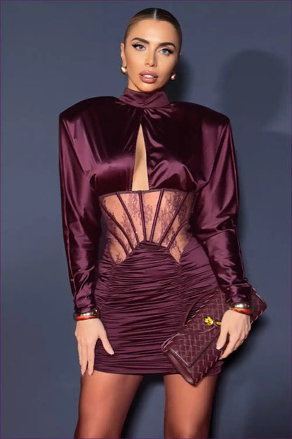Satin Bodycon Dress with Lace Corset Panel - Night-out Luxe for Bodycon, Clubwear, Corset, Date Night,