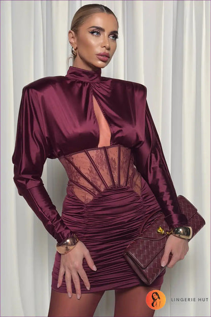 Satin Bodycon Dress with Lace Corset Panel - Night-out Luxe for Bodycon, Clubwear, Corset, Date Night,