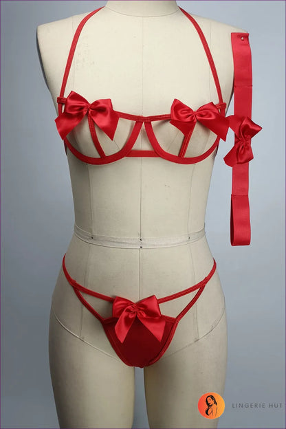 Experience Seduction Redefined With Our Satin Bow Knot Bra Set. This Captivating Three-piece Ensemble Features