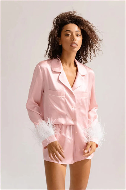 Experience The Perfect Blend Of Comfort And Elegance With Our Satin Button Up Feather Trim Pyjama Set. Crafted