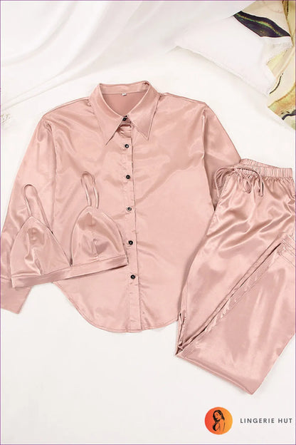Experience Luxurious Comfort And Style With Our Satin Button-up Loungewear Set. Soft Satin, Long Sleeves,