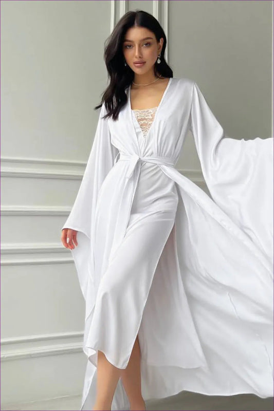Embrace The Essence Of Elegant Lounging With Lingerie Hut’s Autumn Simple Satin Cami Dress And Robe Set -