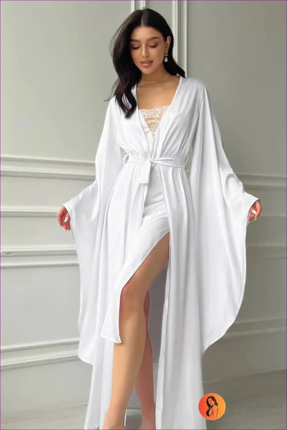 Embrace The Essence Of Elegant Lounging With Lingerie Hut’s Autumn Simple Satin Cami Dress And Robe Set -