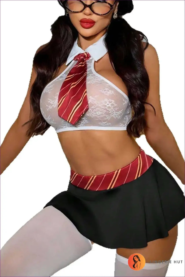 Schoolgirl Cosplay Costume Set with Sheer Lace Top and Skirt