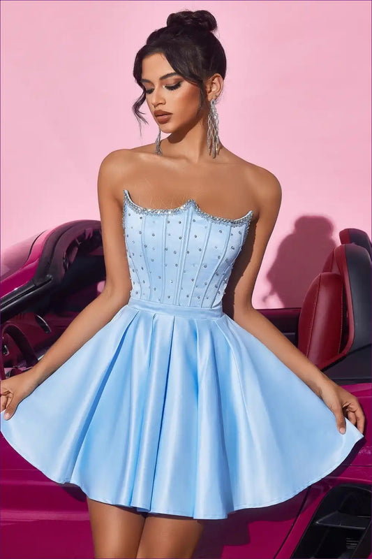 Satin Corset Mini Dress with Beaded Bodice - Party Princess for Corset, Date Night, Evening Wear, Formal