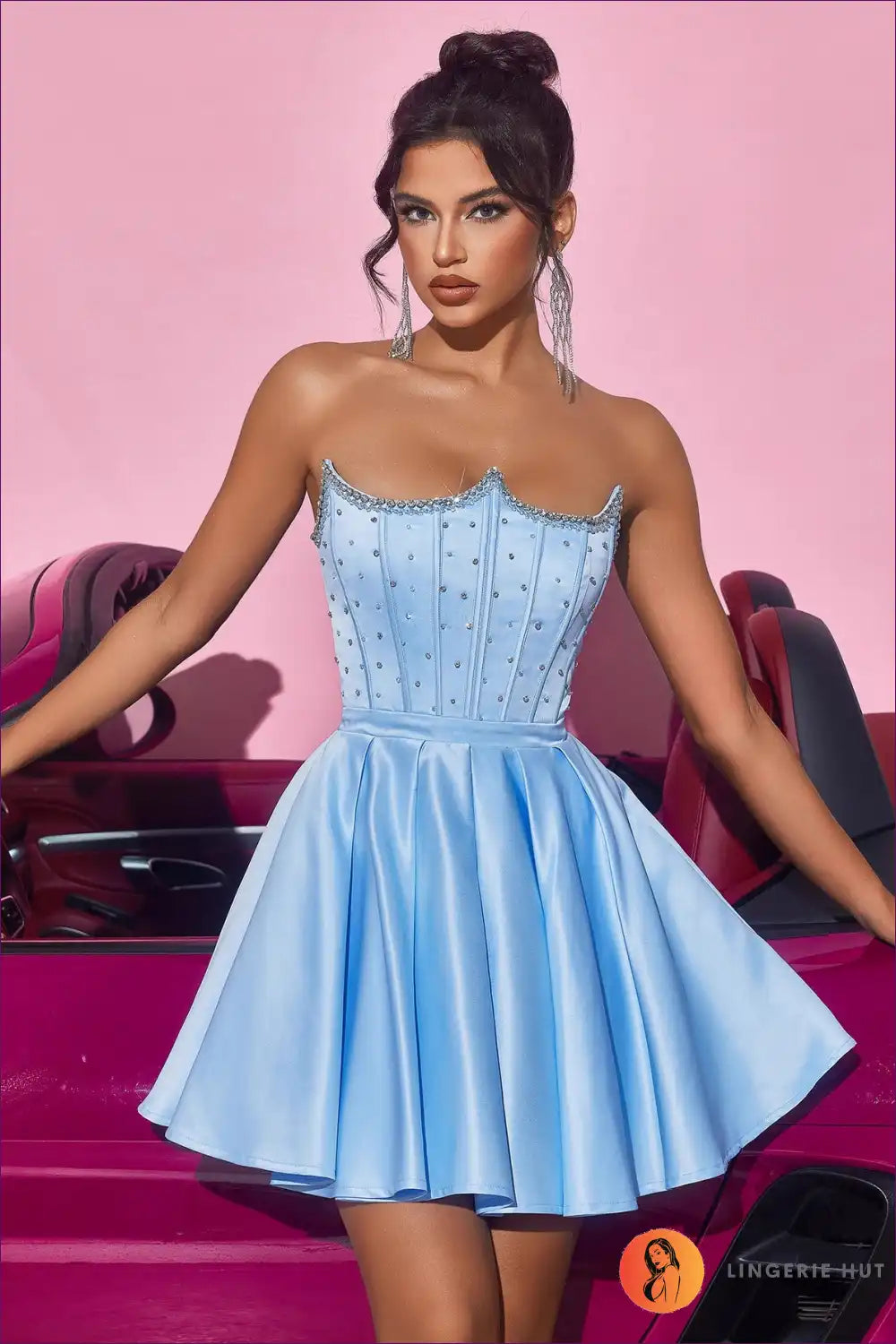 Satin Corset Mini Dress with Beaded Bodice - Party Princess for Corset, Date Night, Evening Wear, Formal