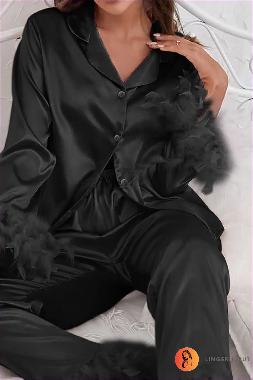 Satin Feather Pyjama Set - Luxe Nights in - s / Black - Pajamas - Lingerie Hut - All Season • Boudoir • Casual