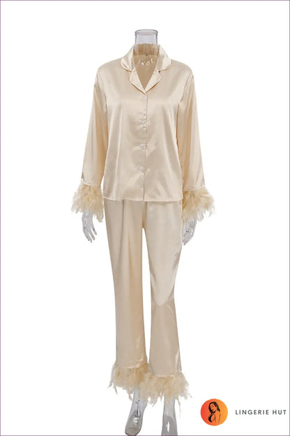 Satin Feather Pyjama Set - Luxe Nights in - s / Apricot - Pajamas - Lingerie Hut - All Season • Boudoir • Casual