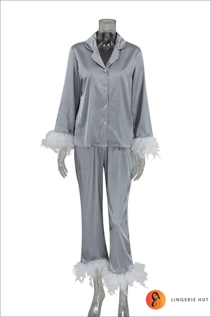 Satin Feather Pyjama Set - Luxe Nights in - s / Grey - Pajamas - Lingerie Hut - All Season • Boudoir • Casual • Glamour