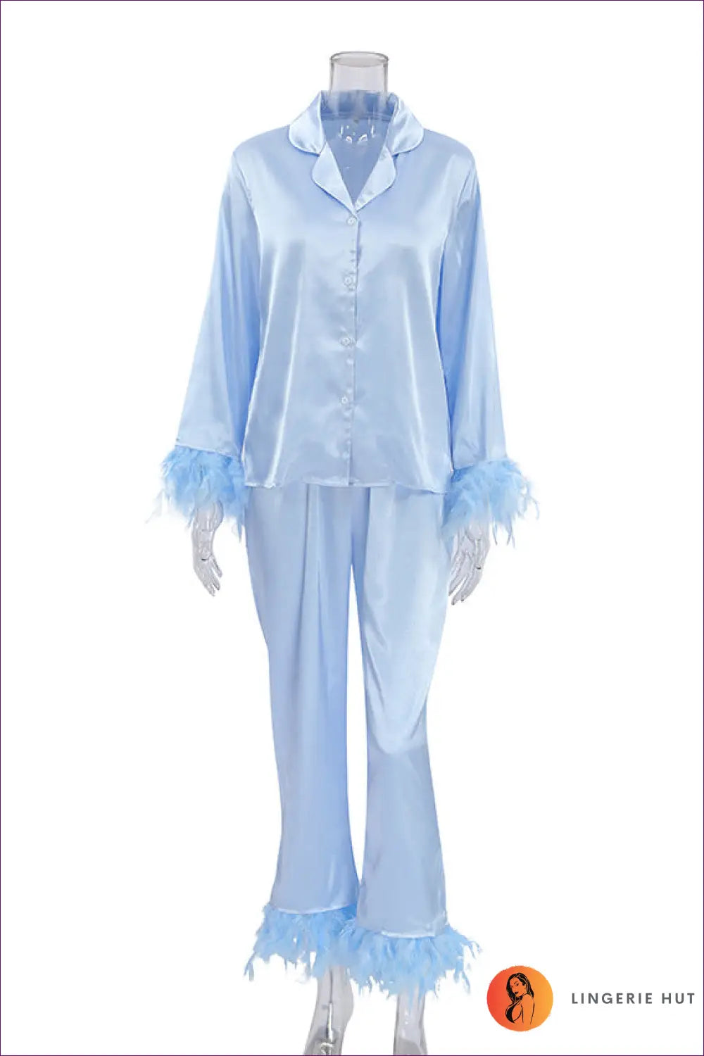 Satin Feather Pyjama Set - Luxe Nights in - s / Blue - Pajamas - Lingerie Hut - All Season • Boudoir • Casual • Glamour