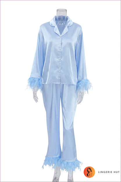 Satin Feather Pyjama Set - Luxe Nights in - s / Blue - Pajamas - Lingerie Hut - All Season • Boudoir • Casual • Glamour