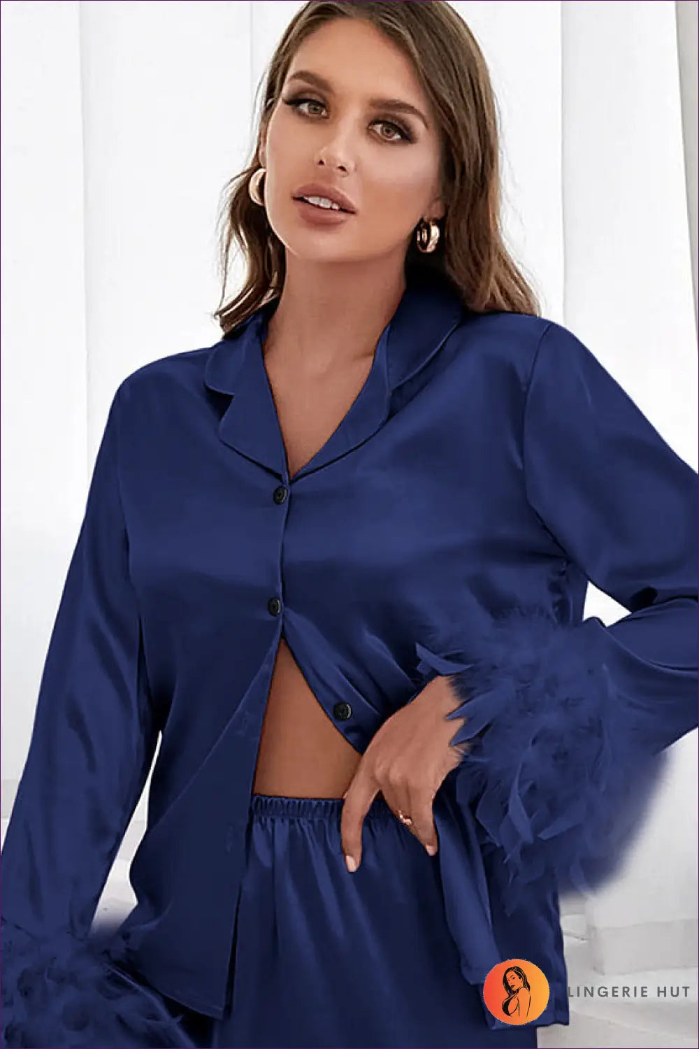 Satin Feather Pyjama Set - Luxe Nights in - m / Dark Blue - Pajamas - Lingerie Hut - All Season • Boudoir • Casual