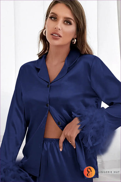 Satin Feather Pyjama Set - Luxe Nights in - m / Dark Blue - Pajamas - Lingerie Hut - All Season • Boudoir • Casual
