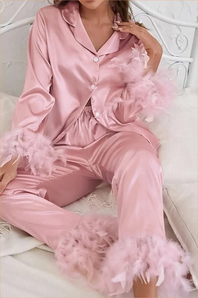 Satin Feather Pyjama Set - Luxe Nights In