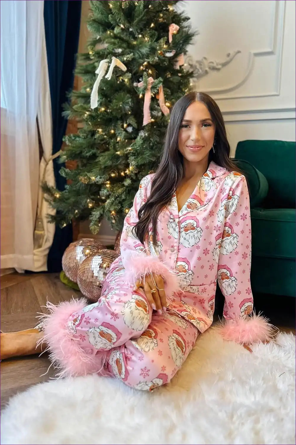 Satin Feather Trim Pajama Set - Festive Cosy Evenings for All Season, Casual, co Ord, Everyday, Hol