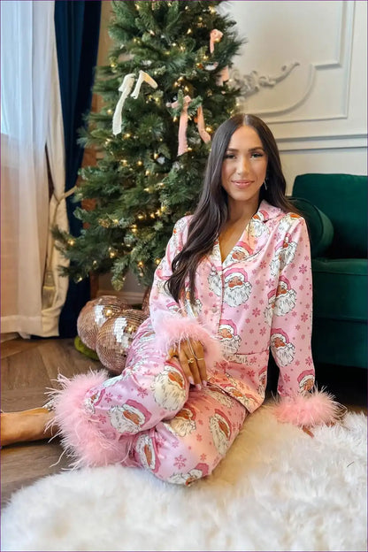 Satin Feather Trim Pajama Set - Festive Cosy Evenings for All Season, Casual, co Ord, Everyday, Hol