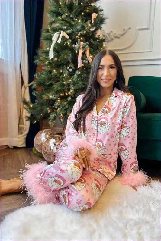 Satin Feather Trim Pajama Set - Festive Cosy Evenings for All Season, Casual, co Ord, Everyday, Hol