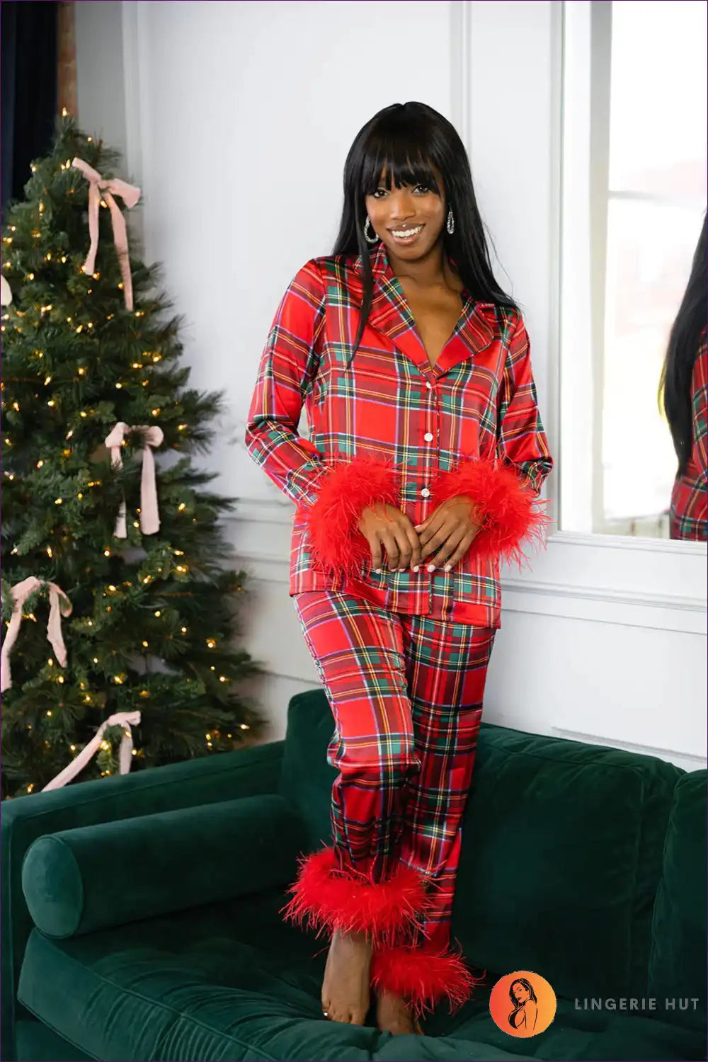 Satin Feather Trim Pajama Set - Festive Cosy Evenings for All Season, Casual, co Ord, Everyday, Hol