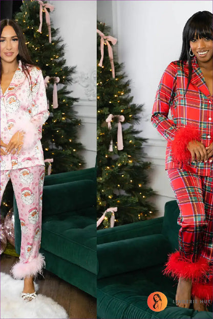Satin Feather Trim Pajama Set - Festive Cosy Evenings for All Season, Casual, co Ord, Everyday, Hol