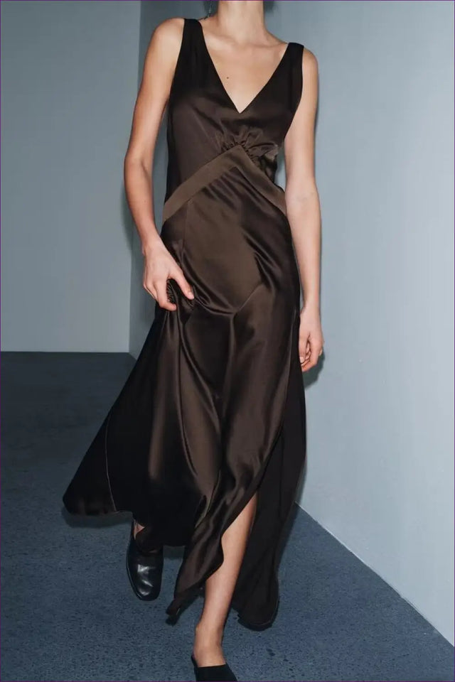 Satin Maxi Dress With Draped Silhouette - Effortless Elegance