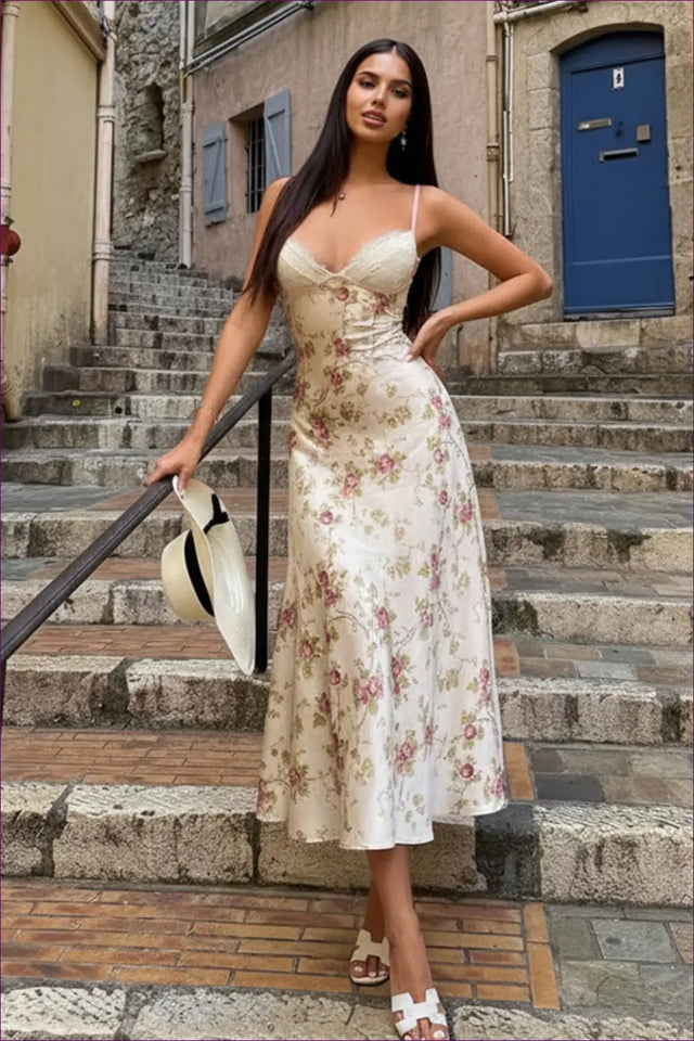Satin Floral Midi Dress with Lace Trim - Garden Party Ready
