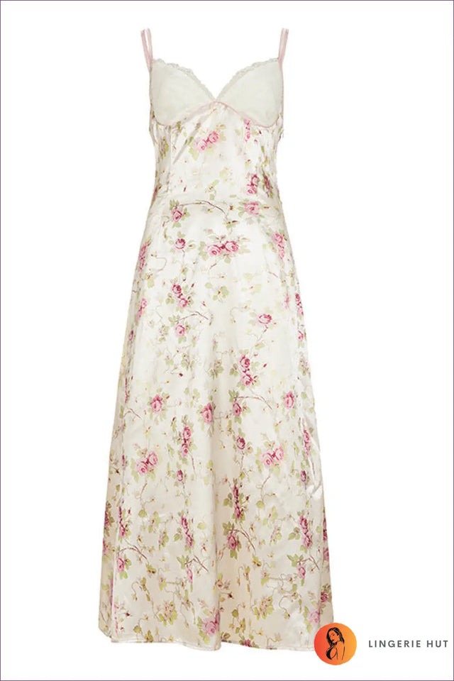 Satin Floral Midi Dress with Lace Trim - Garden Party Ready