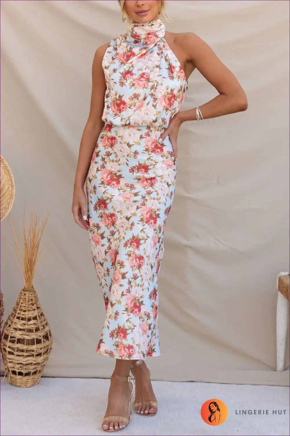 Satin Floral Midi Dress - Understated Glamour - s / Sky Blue Printing - Dresses - Clothing • Party - Lingerie Hut