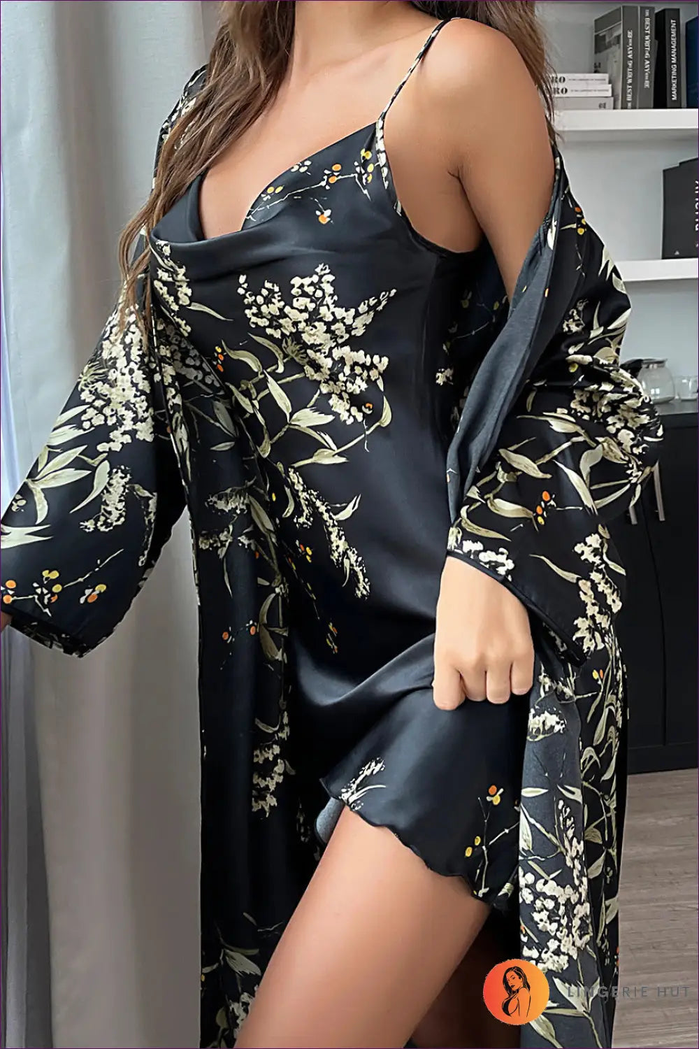 Satin Floral Robe with Belt - Effortless Luxe for Nights in - s / Black - Robes - Lingerie Hut - All Season • Casual