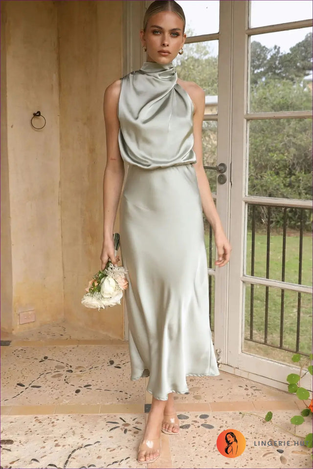 Satin Halter Dress with Draped High Neck - Elegant Midi