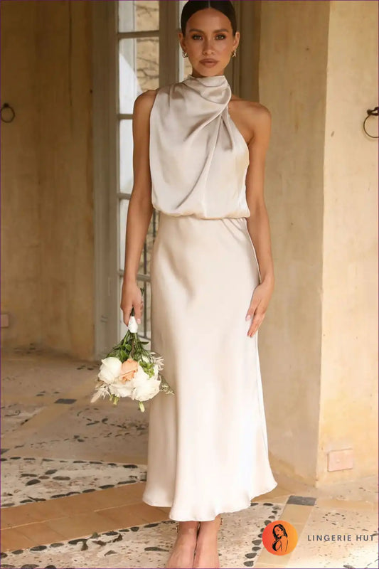 Satin Halter Dress with Draped High Neck - Elegant Midi for Cutout, Evening Wear, Formal Midi, Satin