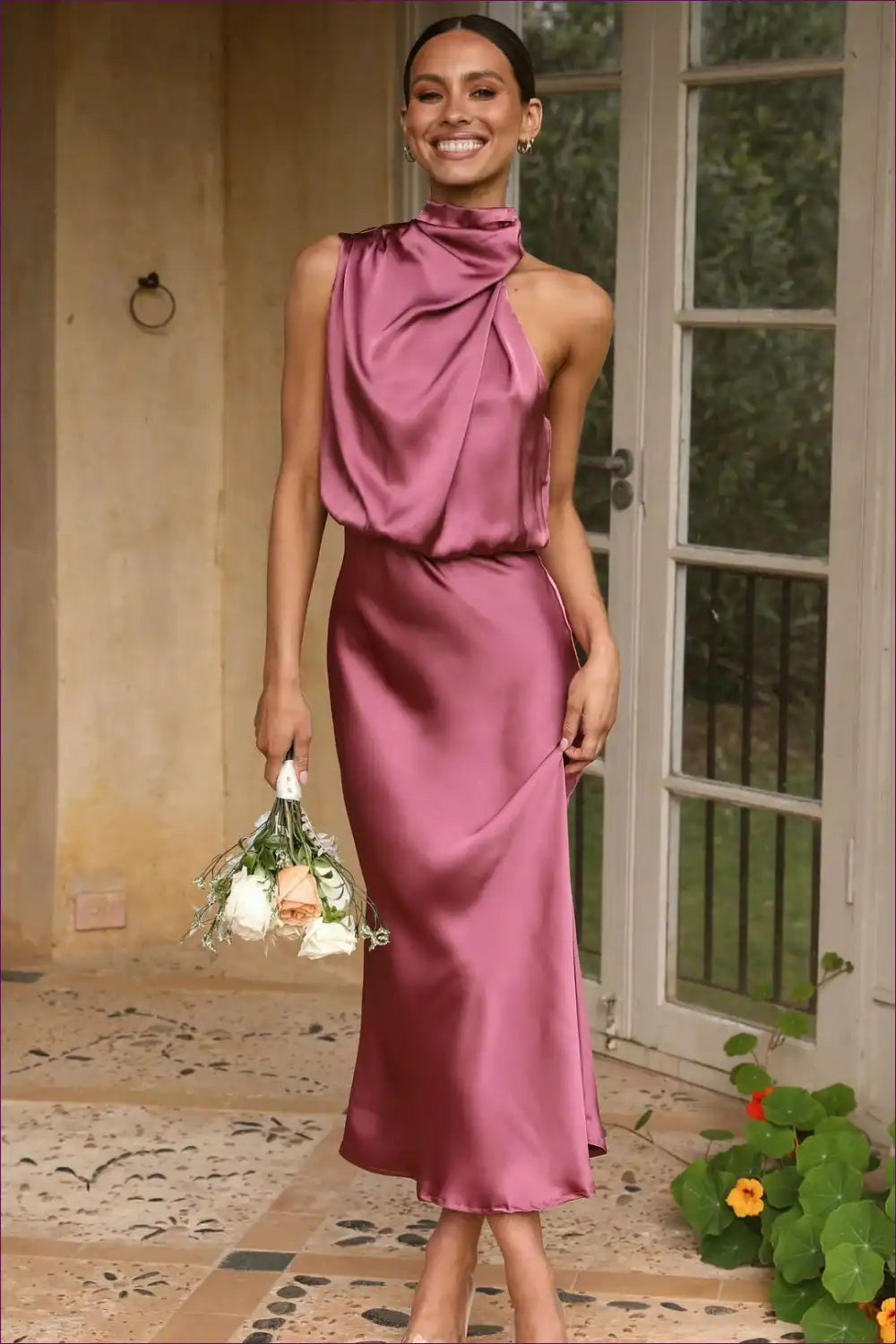 Satin Halter Dress with Draped High Neck - Elegant Midi for Cutout, Evening Wear, Formal Midi, Satin
