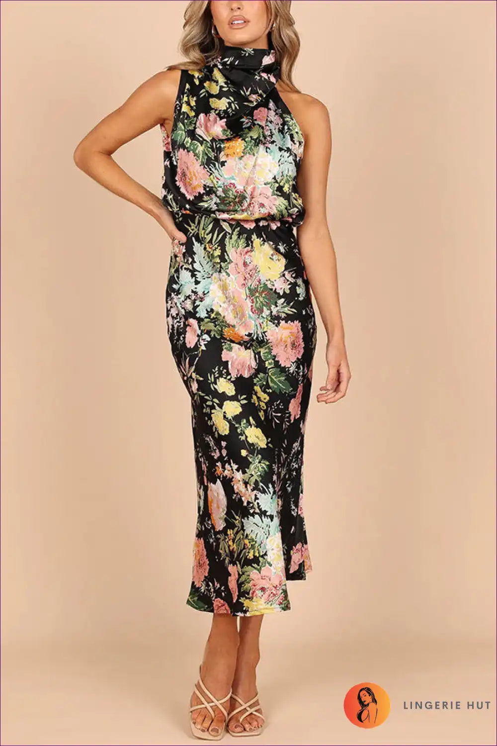 Satin Halter Floral Midi Dress - High Neck Bias Cut for Floral, Maxi, Satin, Sexy, Sleeveless