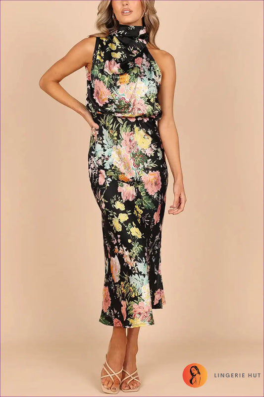 Satin Halter Floral Midi Dress - High Neck Bias Cut for Floral, Maxi, Satin, Sexy, Sleeveless