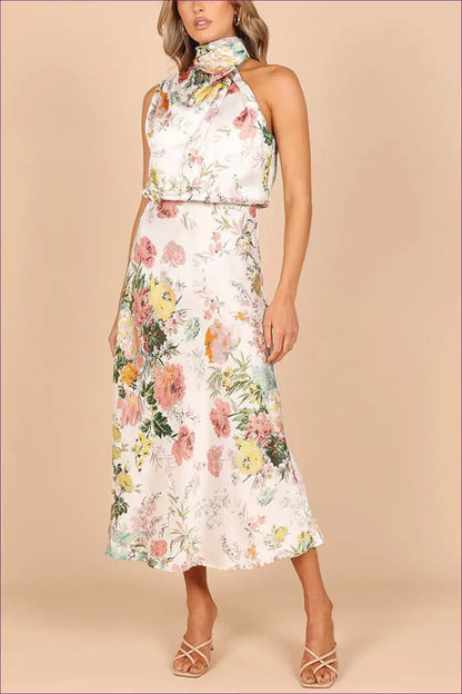 Satin Halter Floral Midi Dress - High Neck Bias Cut for Floral, Maxi, Satin, Sexy, Sleeveless