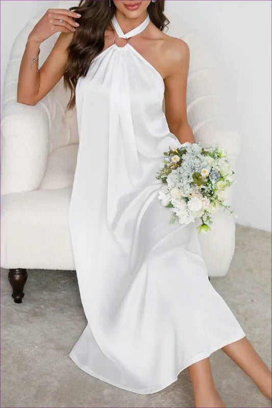 Satin Halter Midi Dress with Ruched Neck - Bridal Moments for Backless, Bridal, Dress, Dresses, Evening Wear