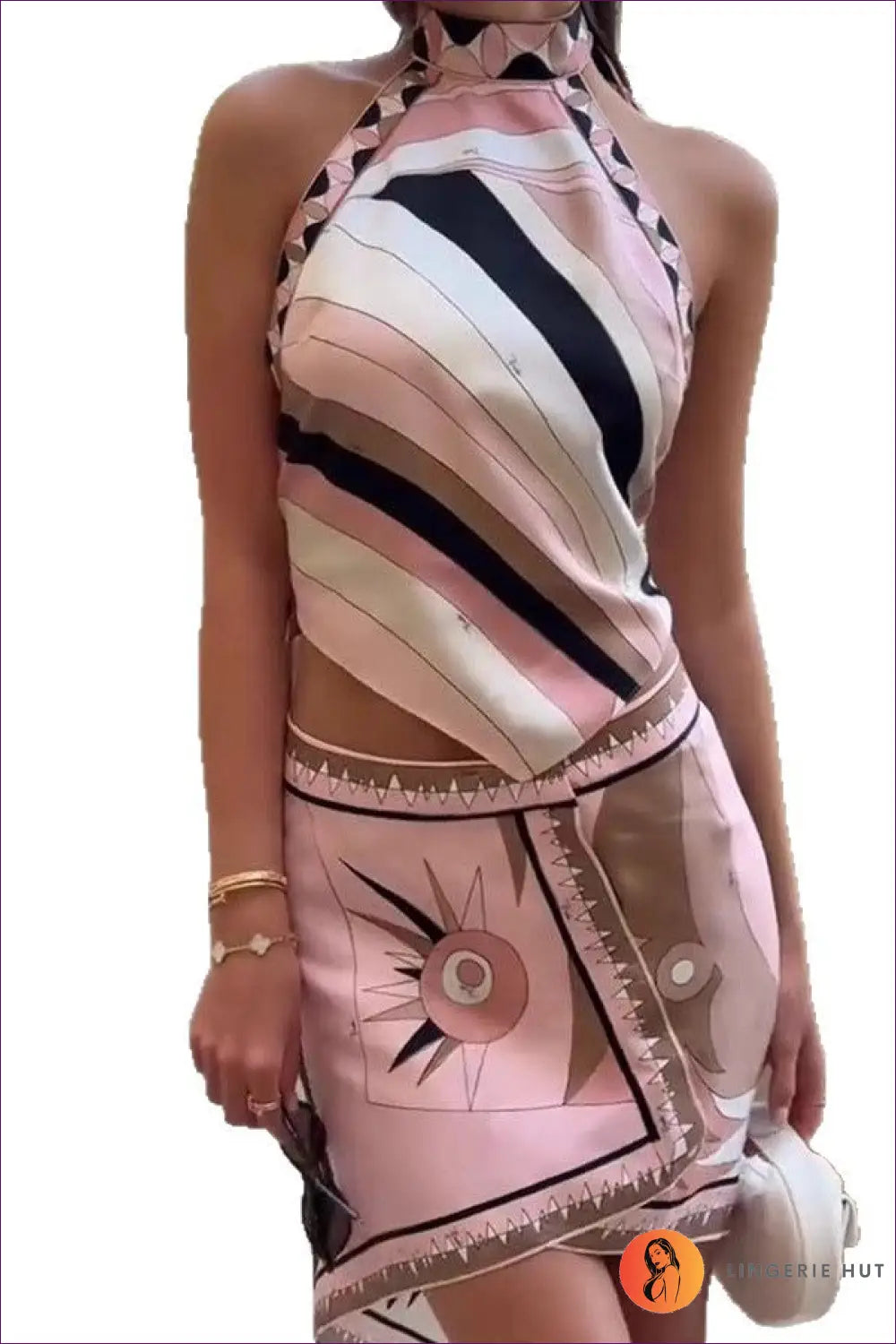 Satin Halter co Ord Mini Skirt Set - Summer Evenings Sorted - s / Pink - Lingerie Hut - Backless • Beachwear • Cutout