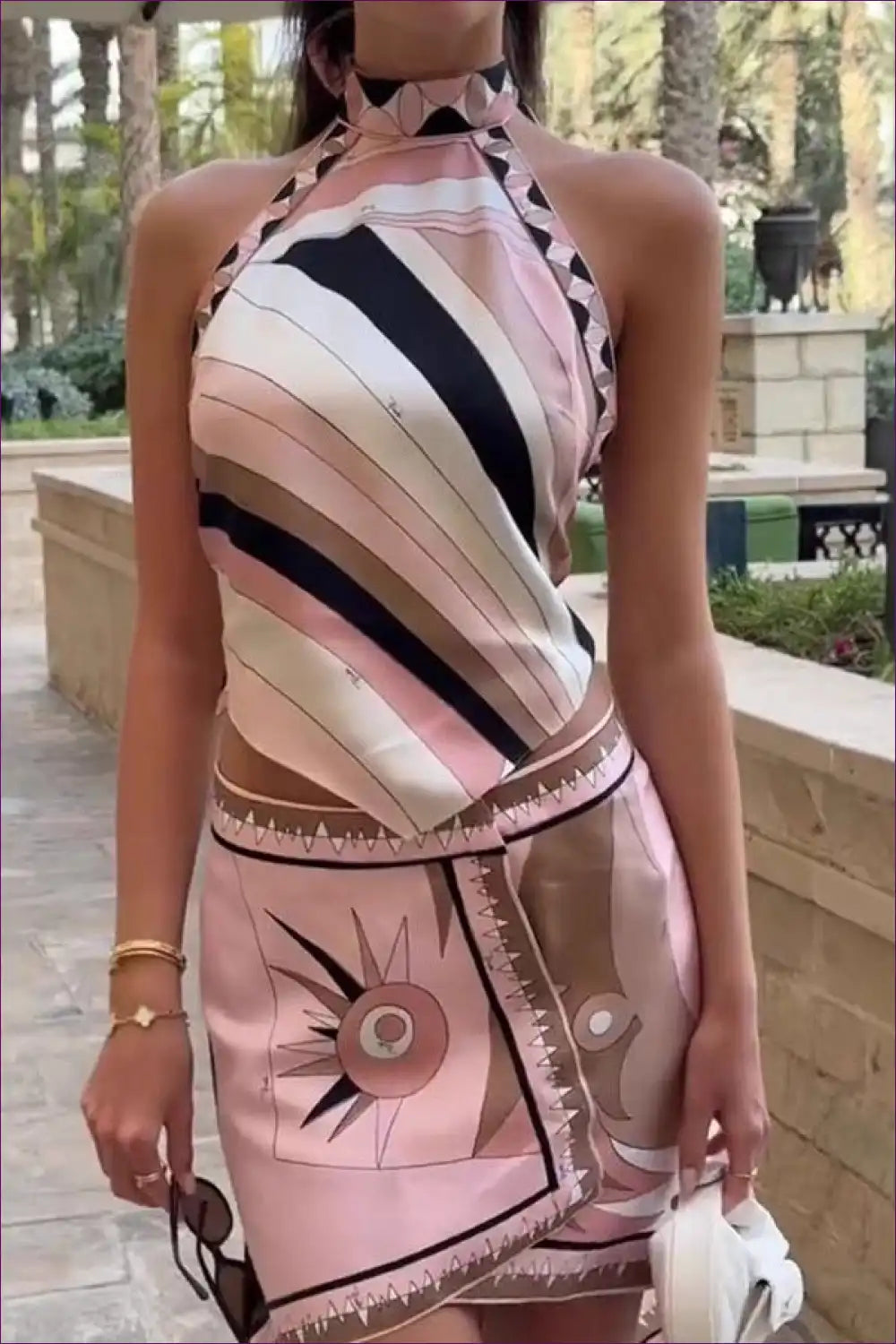 Satin Halter Top and Asymmetric Mini Skirt Two-piece Set for Backless, Beachwear, Evening Wear, Halter,