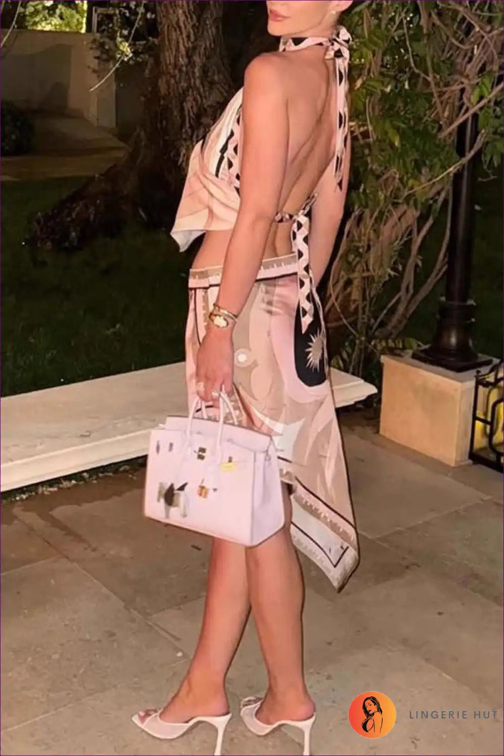 Satin Halter Top and Asymmetric Mini Skirt Two-piece Set for Backless, Beachwear, Evening Wear, Halter,