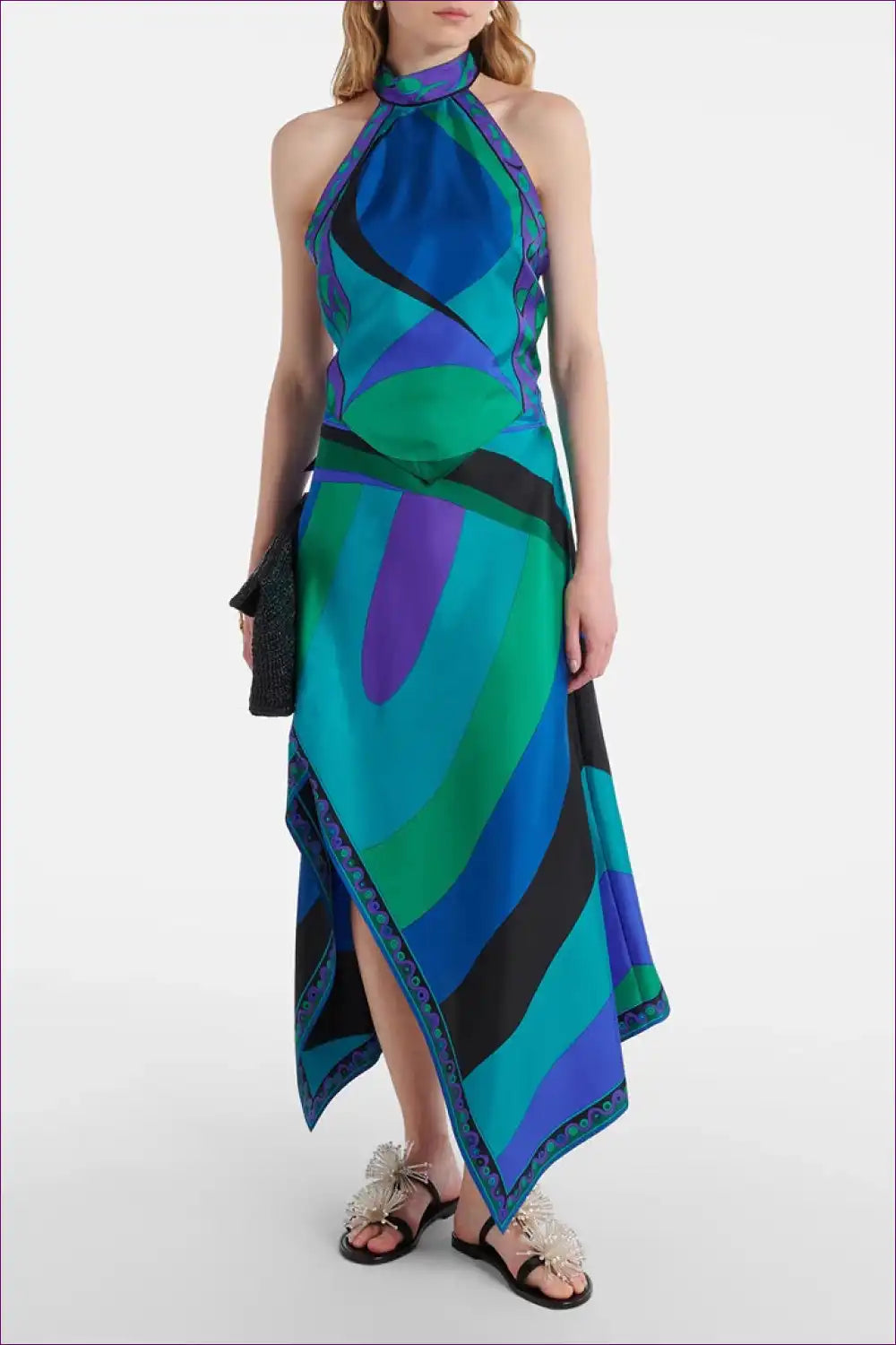 Satin Halter Top and Asymmetric Skirt Set - Summer Statement for Backless, Casual, Halter, just In, Party