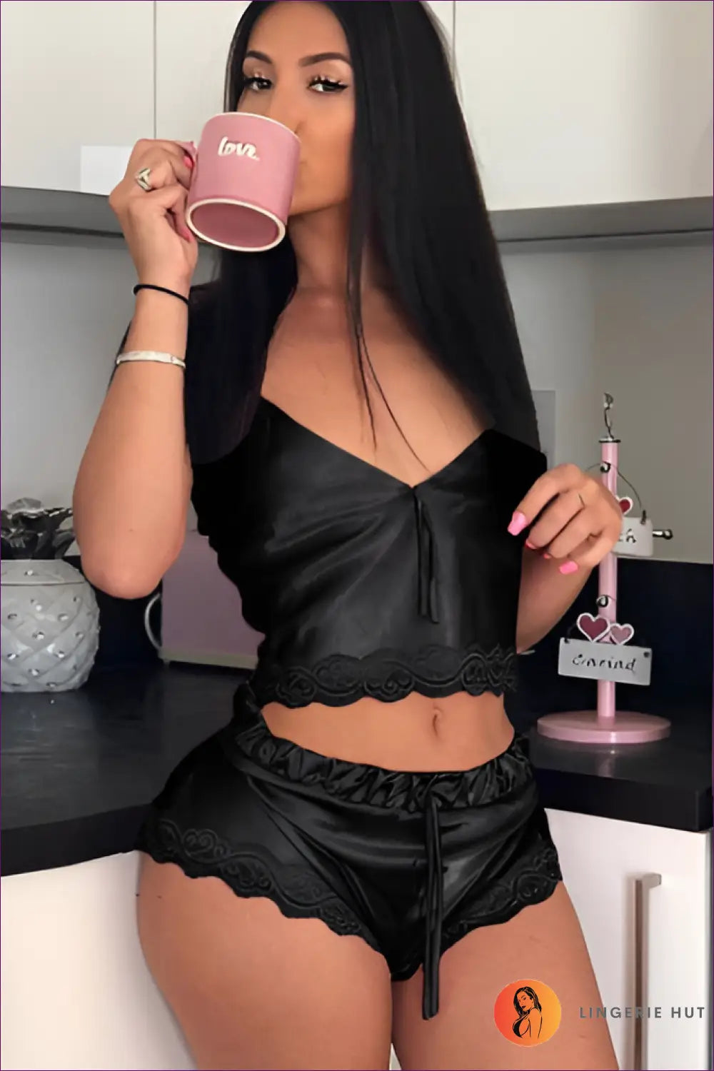 Satin Lace Pyjama Set - Luxe Evenings in Await - s / Black - Sleepwear & Loungewear - Lingerie Hut - All Season