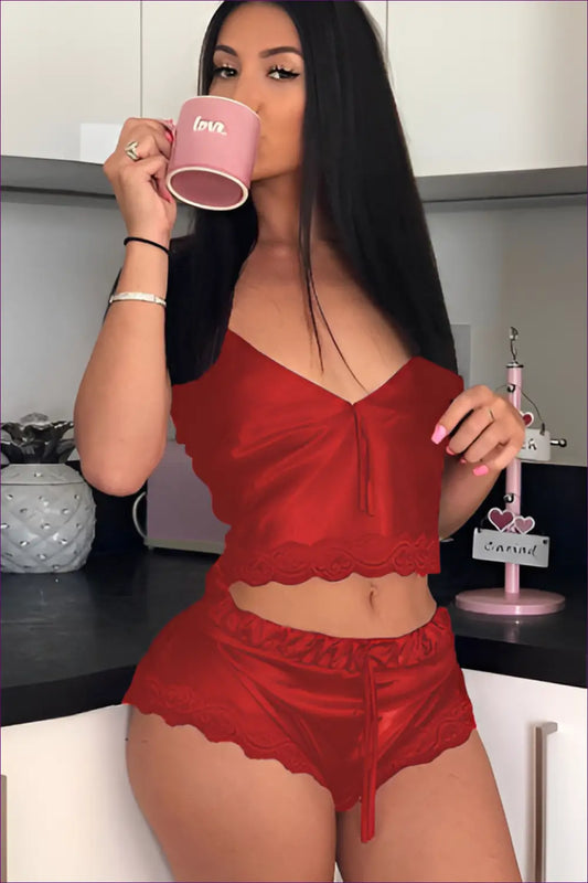Satin Lace Pyjama Set - Luxe Evenings in Await - s / Red - Sleepwear & Loungewear - Lingerie Hut - All Season • Boudoir